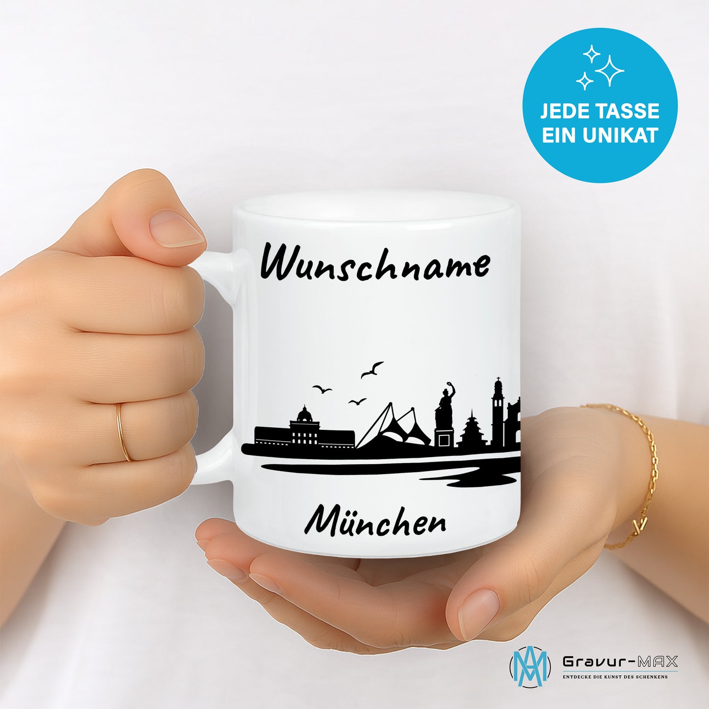 Tasse in Weiß 330ml bedruckt mit der Skyline von München personalisierbar mit Wunschname