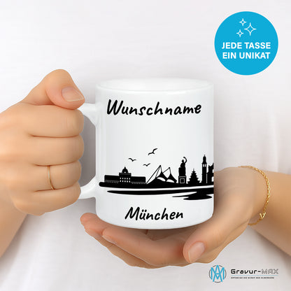 Tasse in Weiß 330ml bedruckt mit der Skyline von München personalisierbar mit Wunschname