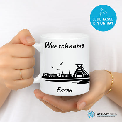 Tasse in Weiß 330ml bedruckt mit der Skyline von Essen personalisierbar mit Wunschname