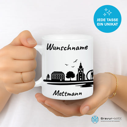 Tasse in Weiß 330ml bedruckt mit der Skyline von Mettmann personalisierbar mit Wunschname