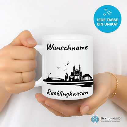 Tasse in Weiß 330ml bedruckt mit der Skyline von Recklinghausen personalisierbar mit Wunschname