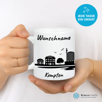 Tasse in Weiß 330ml bedruckt mit der Skyline von Kempten personalisierbar mit Wunschname