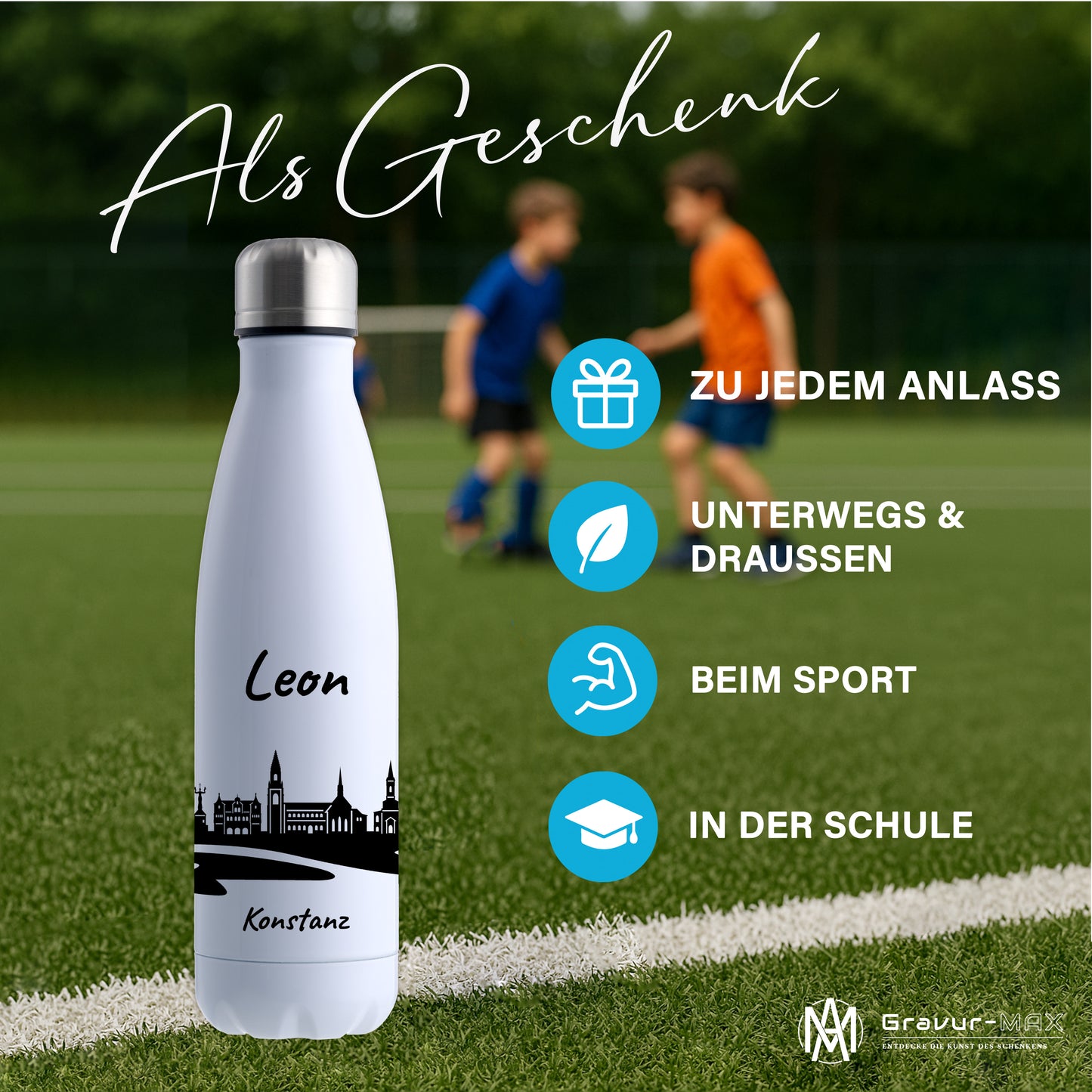 Trinkflasche in Weiß 500ml aus Edelstahl bedruckt mit der Skyline von Konstanz personalisierbar mit Wunschname