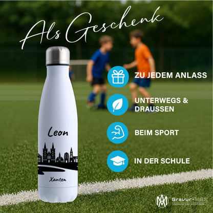 Trinkflasche in Weiß 500ml aus Edelstahl bedruckt mit der Skyline von Xanten personalisierbar mit Wunschname
