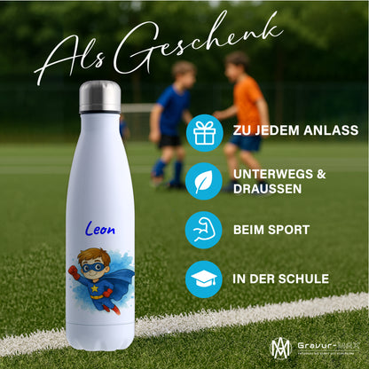 Thermoflasche 500ml in Weiß bedruckt mit tollen Motiven für Kinder "Superheld" personalisierbar mit Wunschname