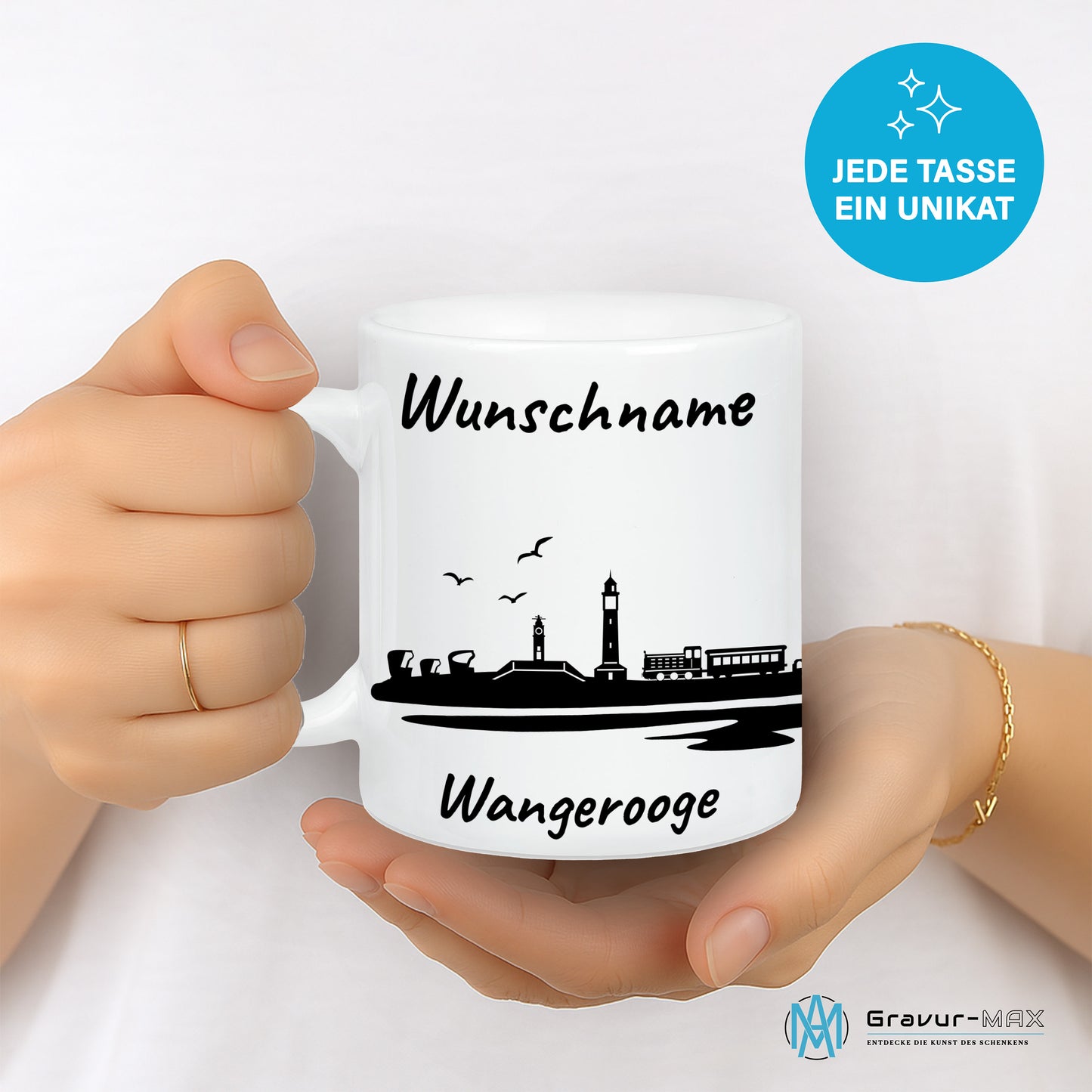 Tasse in Weiß 330ml bedruckt mit der Skyline von Wangerooge personalisierbar mit Wunschname