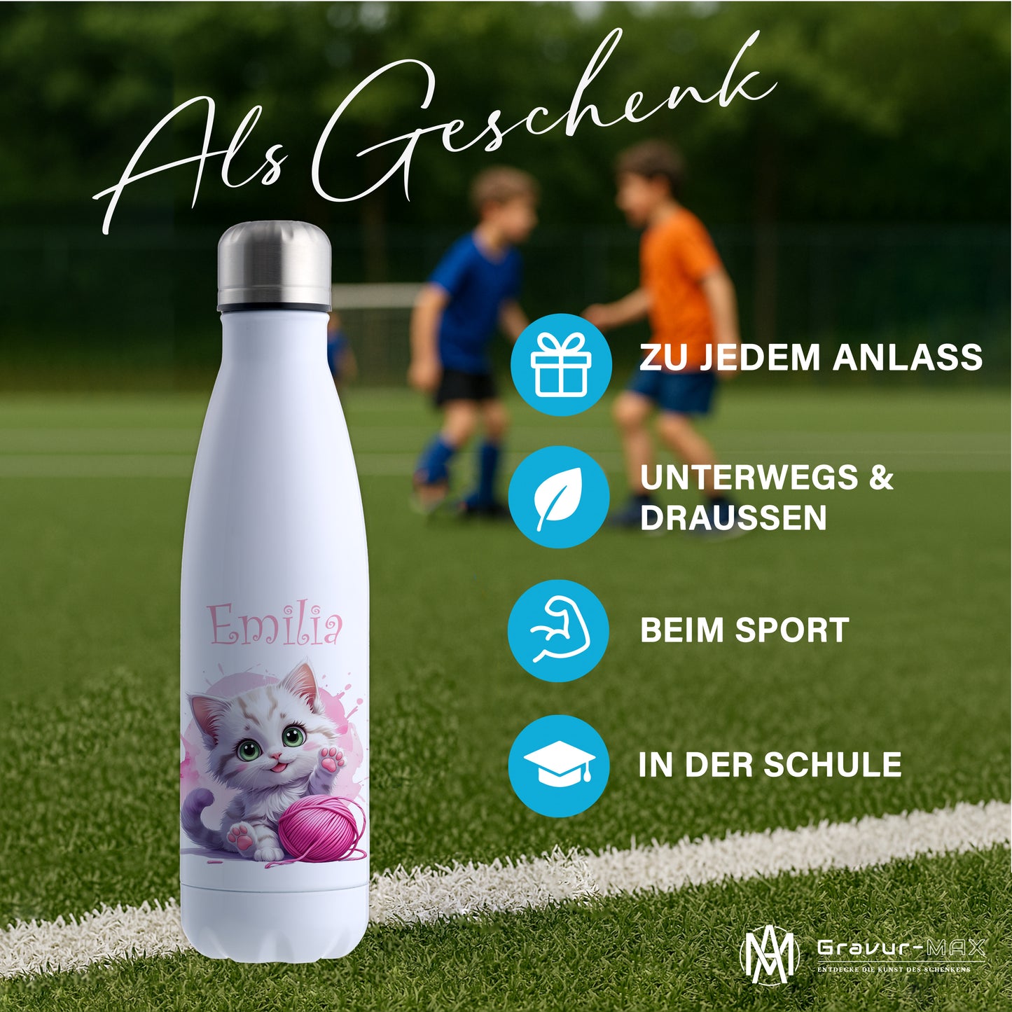 Trinkflasche in Weiß 500ml aus Edelstahl bedruckt mit niedlichen Tieren "Katze" personalisierbar für Kinder mit Wunschname