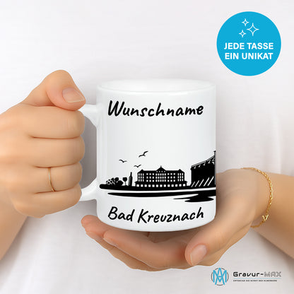 Tasse in Weiß 330ml bedruckt mit der Skyline von Bad Kreuznach personalisierbar mit Wunschname
