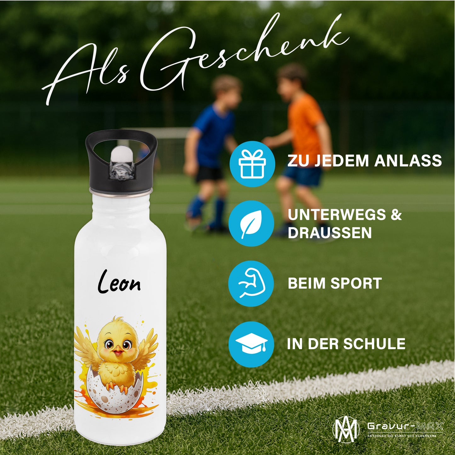 Trinkflasche mit Strohhalm in Weiß 600ml bedruckt mit niedlichen Tieren"Küken" personalisierbar für Kinder mit Wunschname aus Edelstahl