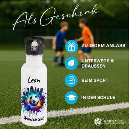 Trinkflasche mit Strohhalm in Weiß 600ml bedruckt mit Fußball Motiven"Motiv7" personalisierbar für Kinder mit Wunschname aus Edelstahl