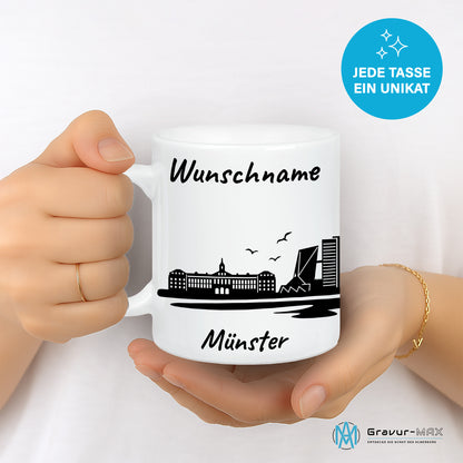 Tasse in Weiß 330ml bedruckt mit der Skyline von Münster personalisierbar mit Wunschname