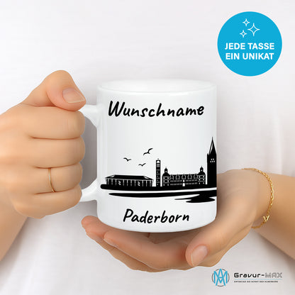 Tasse in Weiß 330ml bedruckt mit der Skyline von Paderborn personalisierbar mit Wunschname