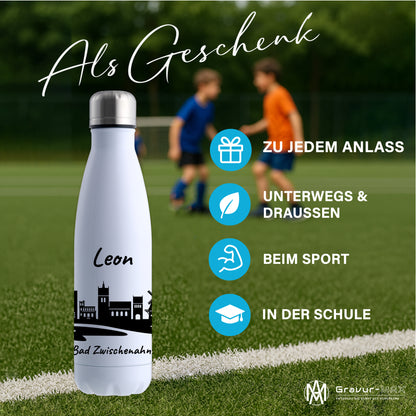 Trinkflasche in Weiß 500ml aus Edelstahl bedruckt mit der Skyline von Bad Zwischenahn personalisierbar mit Wunschname