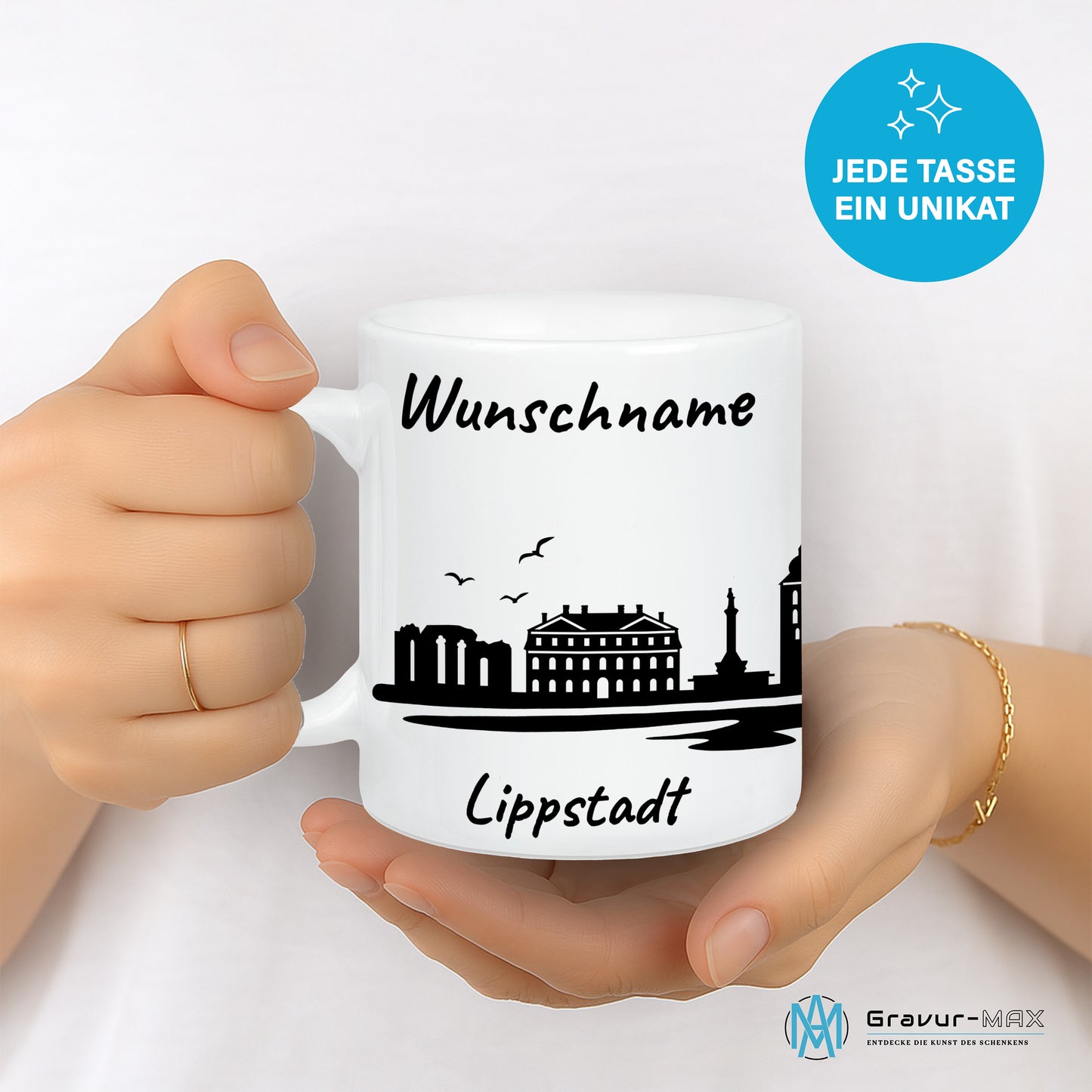 Tasse in Weiß 330ml bedruckt mit der Skyline von Lippstadt personalisierbar mit Wunschname
