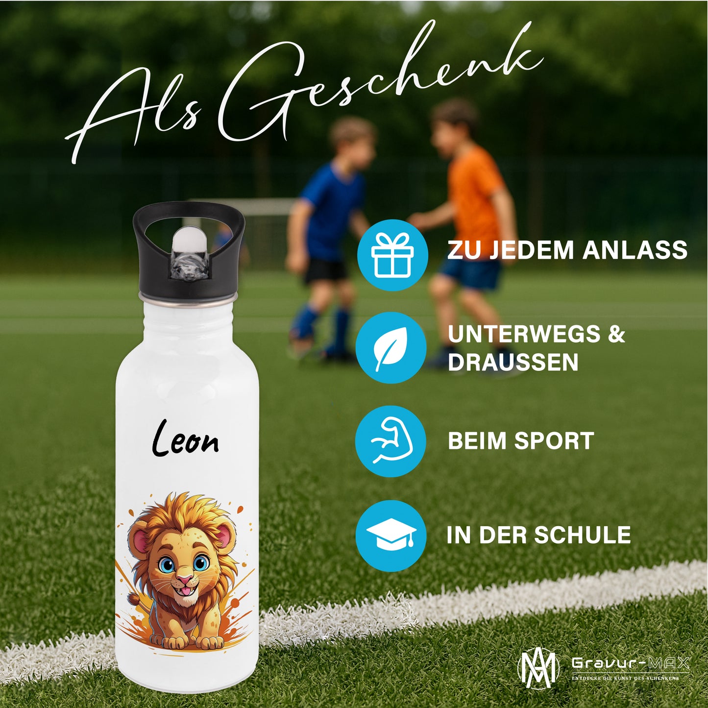 Trinkflasche mit Strohhalm in Weiß 600ml bedruckt mit niedlichen Tieren"Löwe" personalisierbar für Kinder mit Wunschname aus Edelstahl