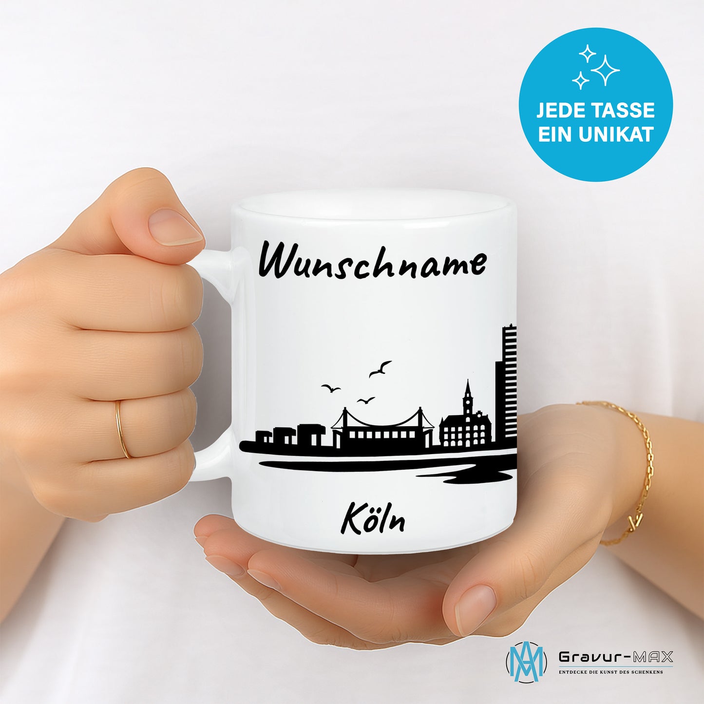 Tasse in Weiß 330ml bedruckt mit der Skyline von Köln personalisierbar mit Wunschname