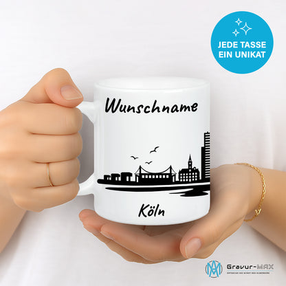 Tasse in Weiß 330ml bedruckt mit der Skyline von Köln personalisierbar mit Wunschname