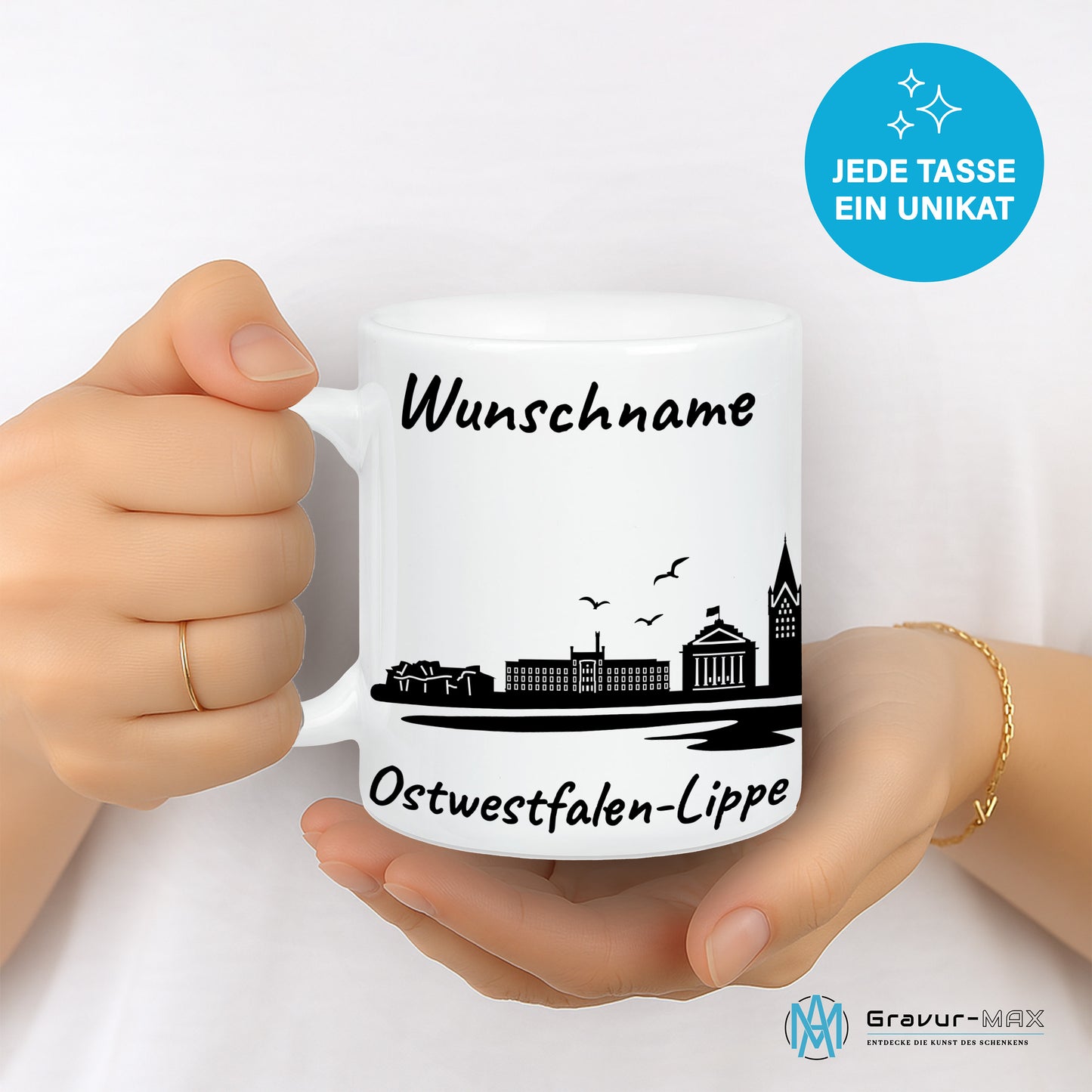 Tasse in Weiß 330ml bedruckt mit der Skyline von Ostwestfalen-Lippe personalisierbar mit Wunschname
