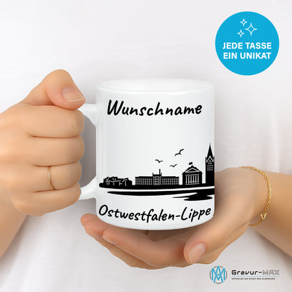 Tasse in Weiß 330ml bedruckt mit der Skyline von Ostwestfalen-Lippe personalisierbar mit Wunschname