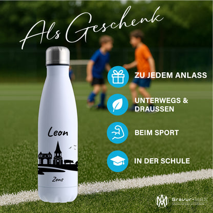 Trinkflasche in Weiß 500ml aus Edelstahl bedruckt mit der Skyline von Zons (Dormagen) personalisierbar mit Wunschname