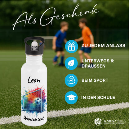 Trinkflasche mit Strohhalm in Weiß 600ml bedruckt mit Fußball Motiven"Motiv5" personalisierbar für Kinder mit Wunschname aus Edelstahl