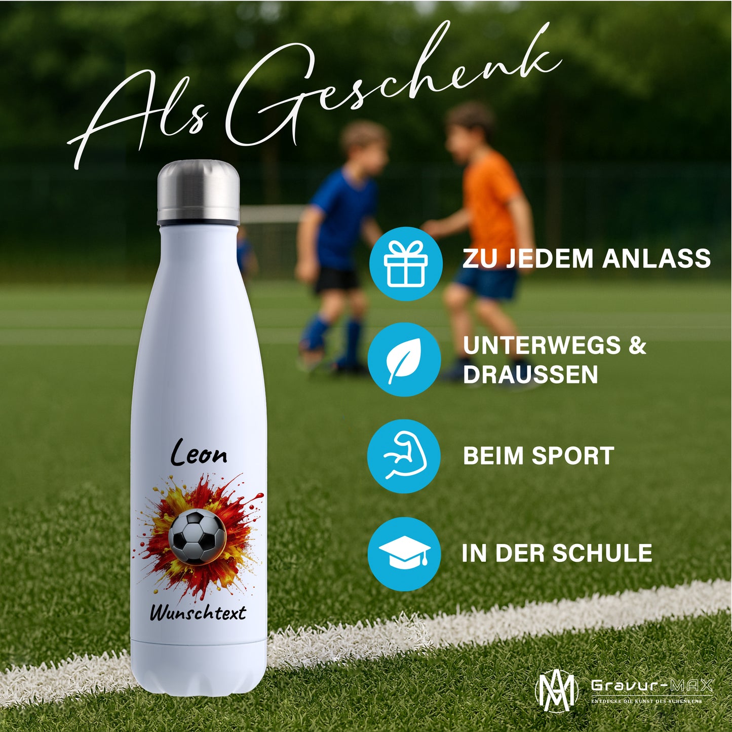 Thermoflasche 500ml in Weiß aus Edelstahl bedruckt "Fußball" Motiv9 personalisierbar mit Wunschname & Text