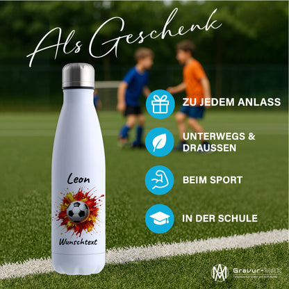 Thermoflasche 500ml in Weiß aus Edelstahl bedruckt "Fußball" Motiv9 personalisierbar mit Wunschname & Text