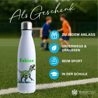 Thermoflasche 500ml in Weiß bedruckt mit tollen Motiven für Kinder "Dino T-Rex" personalisierbar mit Wunschname