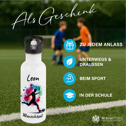 Trinkflasche mit Strohhalm in Weiß 600ml bedruckt mit Fußball Motiven"Motiv4" personalisierbar für Kinder mit Wunschname aus Edelstahl