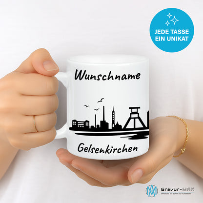 Tasse in Weiß 330ml bedruckt mit der Skyline von Gelsenkirchen personalisierbar mit Wunschname