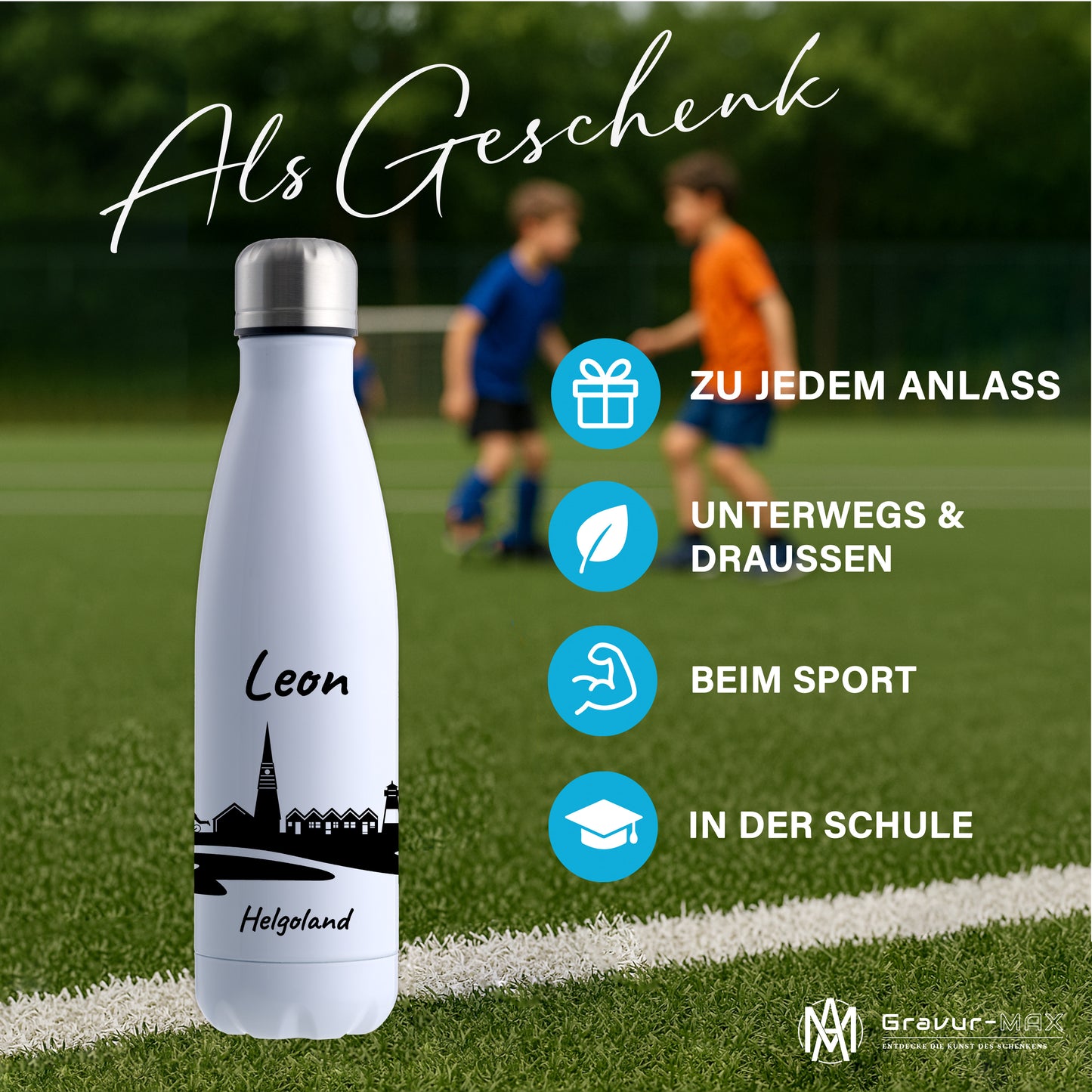 Trinkflasche in Weiß 500ml aus Edelstahl bedruckt mit der Skyline von Helgoland personalisierbar mit Wunschname