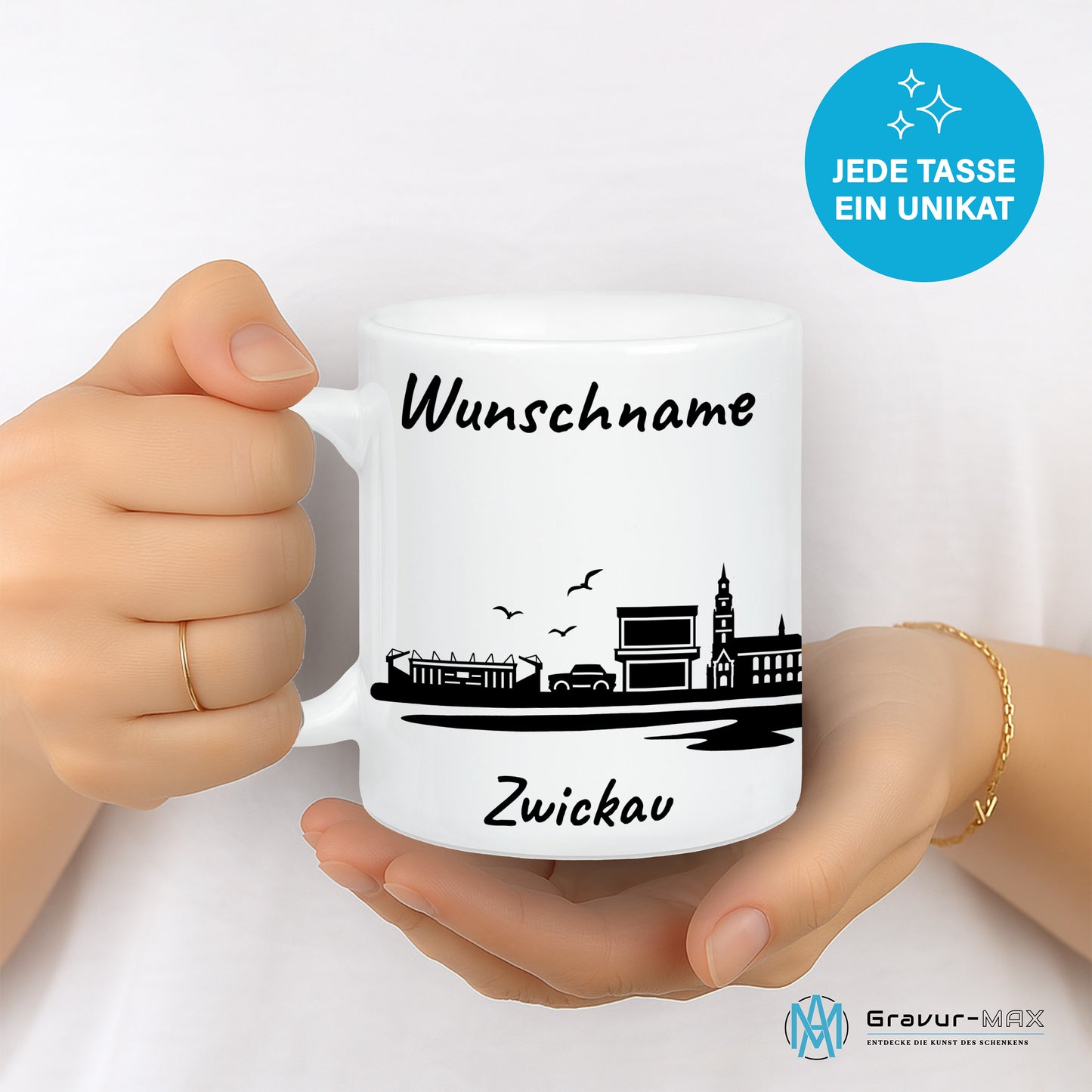 Tasse in Weiß 330ml bedruckt mit der Skyline von Zwickau personalisierbar mit Wunschname