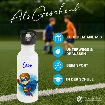Trinkflasche mit Strohhalm in Weiß 600ml bedruckt mit tollen Motiven für Kinder "Superheld" personalisierbar für Kinder mit Wunschname aus Edelstahl