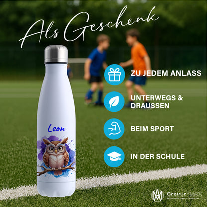 Trinkflasche in Weiß 500ml aus Edelstahl bedruckt mit niedlichen Tieren "Eule" personalisierbar für Kinder mit Wunschname