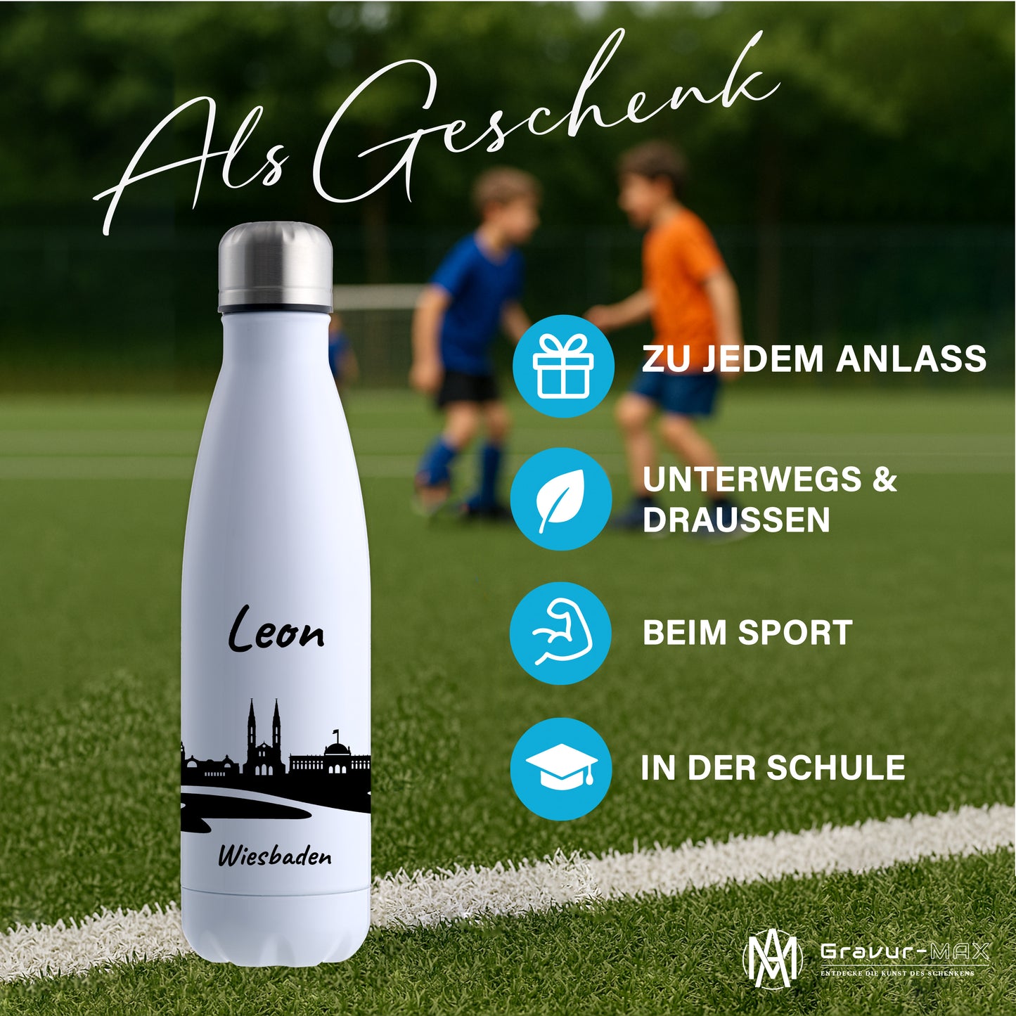 Trinkflasche in Weiß 500ml aus Edelstahl bedruckt mit der Skyline von Wiesbaden personalisierbar mit Wunschname