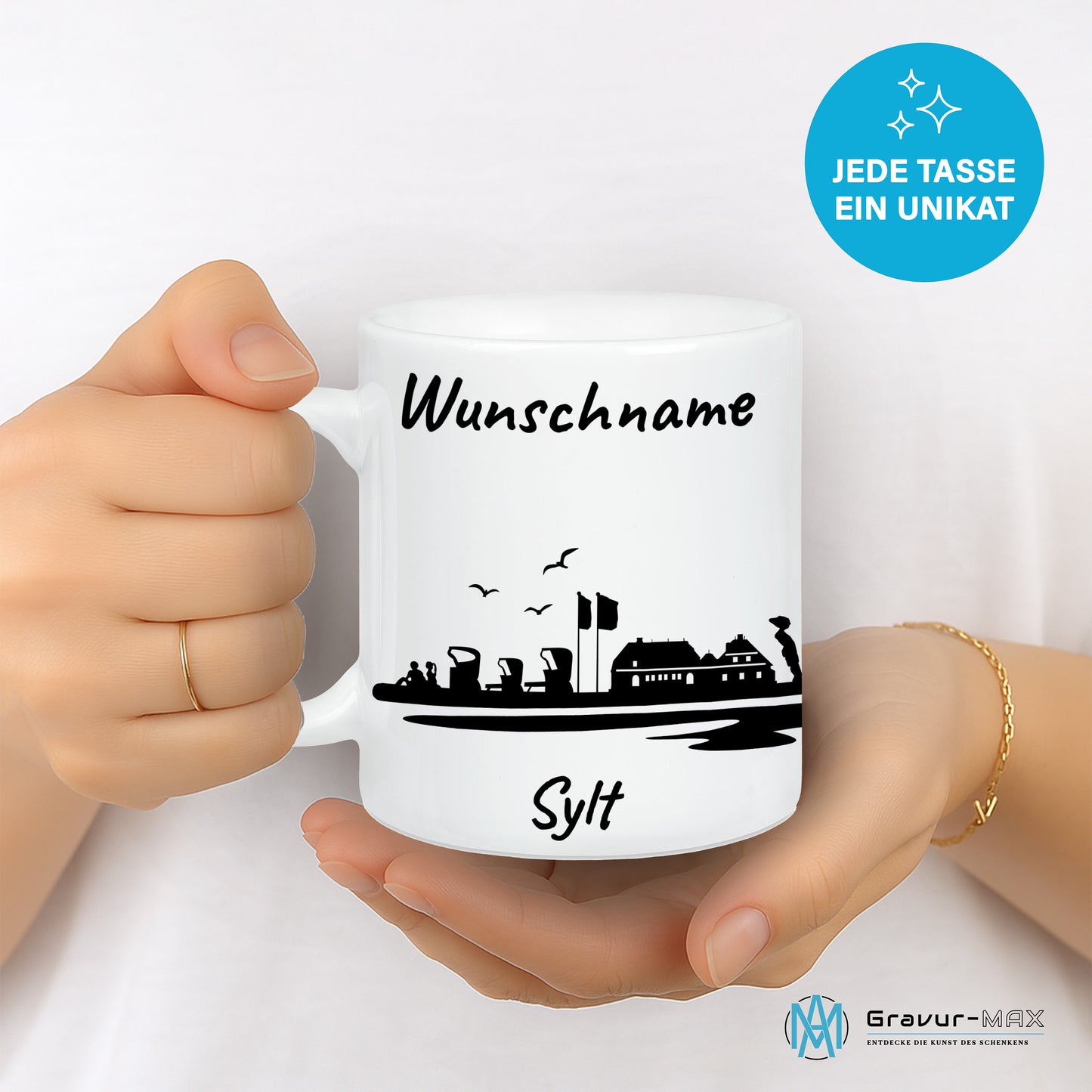 Tasse in Weiß 330ml bedruckt mit der Skyline von Sylt personalisierbar mit Wunschname