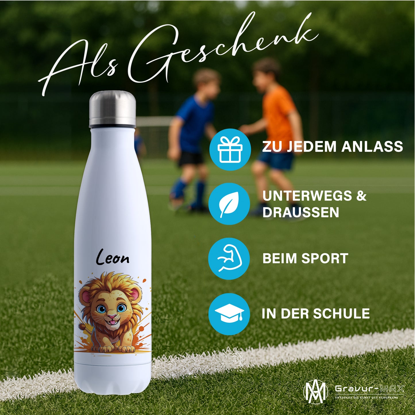 Trinkflasche in Weiß 500ml aus Edelstahl bedruckt mit niedlichen Tieren "Löwe" personalisierbar für Kinder mit Wunschname