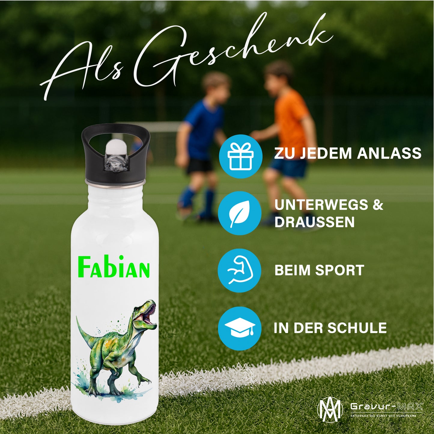 Trinkflasche mit Strohhalm in Weiß 600ml bedruckt mit tollen Motiven für Kinder "Dino T-Rex" personalisierbar für Kinder mit Wunschname aus Edelstahl