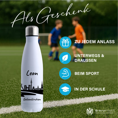 Trinkflasche in Weiß 500ml aus Edelstahl bedruckt mit der Skyline von Gelsenkirchen personalisierbar mit Wunschname