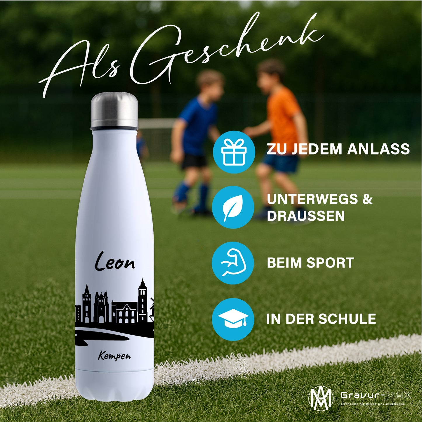Trinkflasche in Weiß 500ml aus Edelstahl bedruckt mit der Skyline von Kempen personalisierbar mit Wunschname