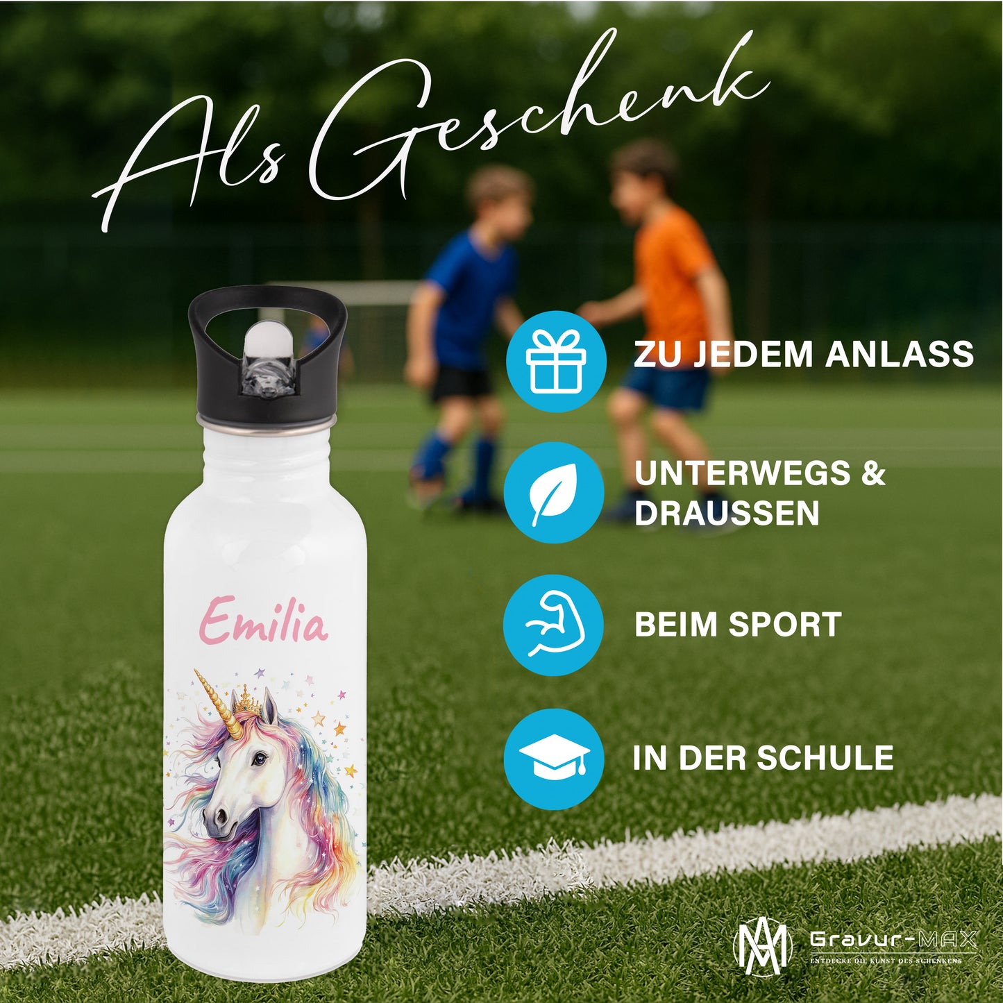 Trinkflasche mit Strohhalm in Weiß 600ml bedruckt mit tollen Motiven für Kinder "Einhorn" personalisierbar für Kinder mit Wunschname aus Edelstahl