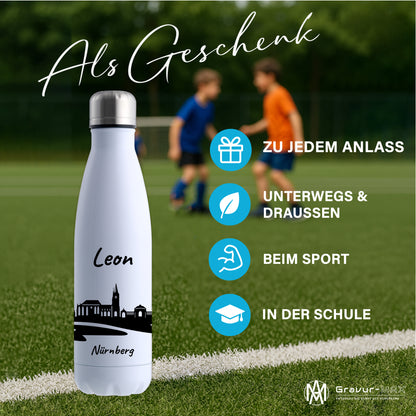 Trinkflasche in Weiß 500ml aus Edelstahl bedruckt mit der Skyline von Nürnberg personalisierbar mit Wunschname