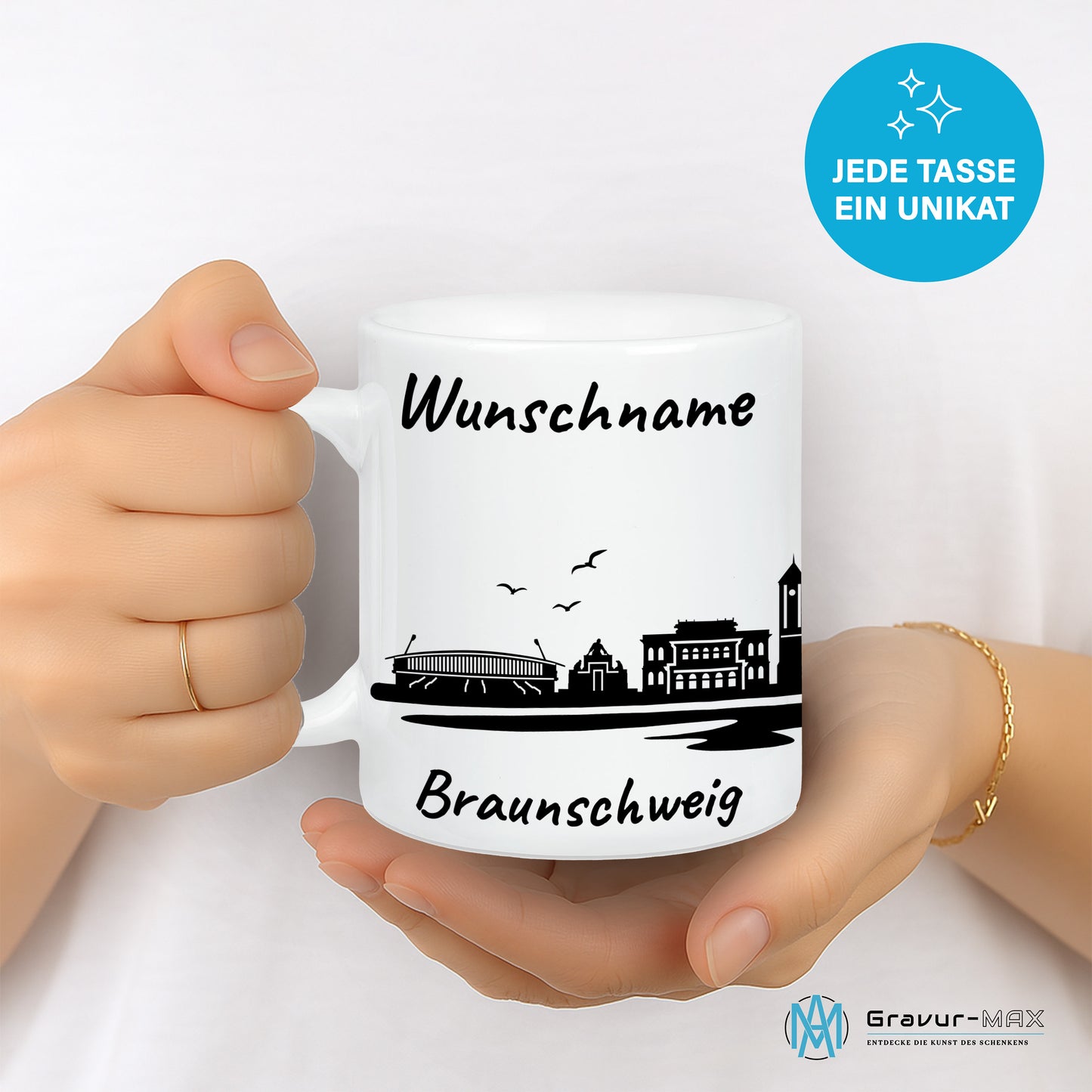 Tasse in Weiß 330ml bedruckt mit der Skyline von Braunschweig personalisierbar mit Wunschname