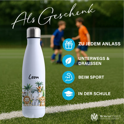 Trinkflasche in Weiß 500ml aus Edelstahl bedruckt mit Dschungel Tieren"Dschungel Tiere" personalisierbar für Kinder mit Wunschname