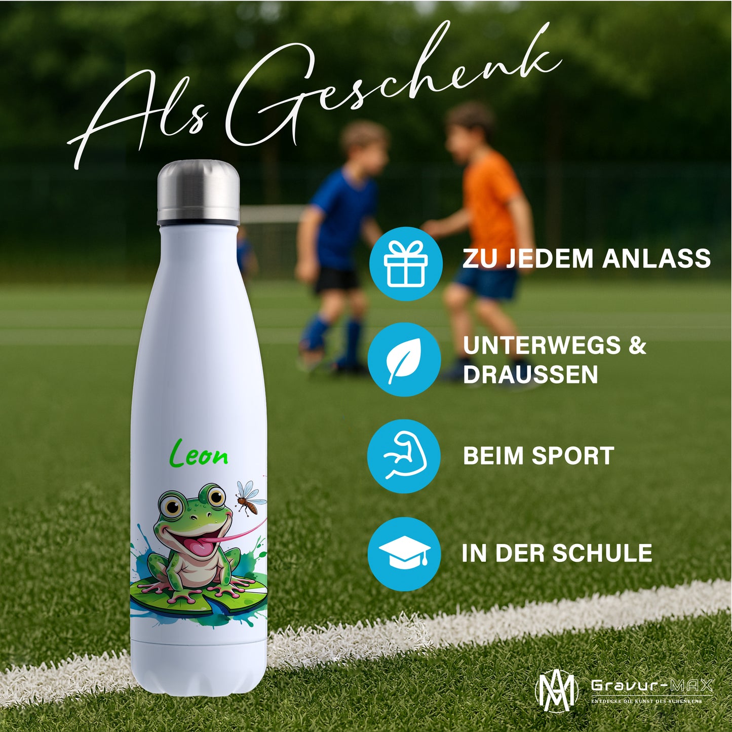 Trinkflasche in Weiß 500ml aus Edelstahl bedruckt mit niedlichen Tieren "Frosch" personalisierbar für Kinder mit Wunschname