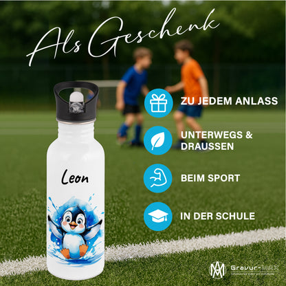 Trinkflasche mit Strohhalm in Weiß 600ml bedruckt mit niedlichen Tieren"Pinguin" personalisierbar für Kinder mit Wunschname aus Edelstahl