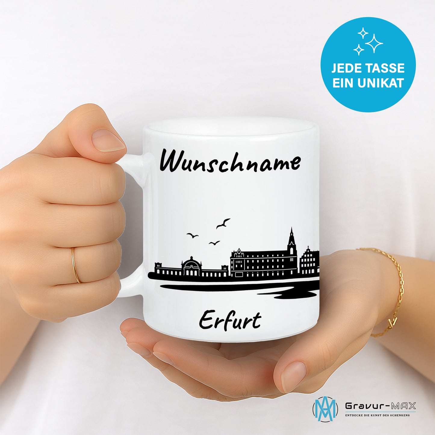 Tasse in Weiß 330ml bedruckt mit der Skyline von Erfurt personalisierbar mit Wunschname
