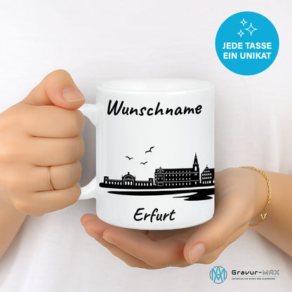 Tasse in Weiß 330ml bedruckt mit der Skyline von Erfurt personalisierbar mit Wunschname