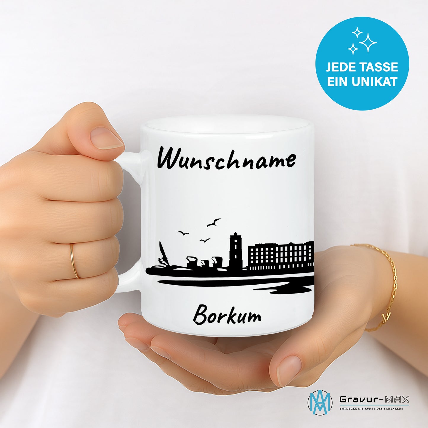 Tasse in Weiß 330ml bedruckt mit der Skyline von Borkum personalisierbar mit Wunschname