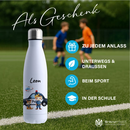 Thermoflasche 500ml in Weiß bedruckt mit tollen Motiven für Kinder "Polizei" personalisierbar mit Wunschname